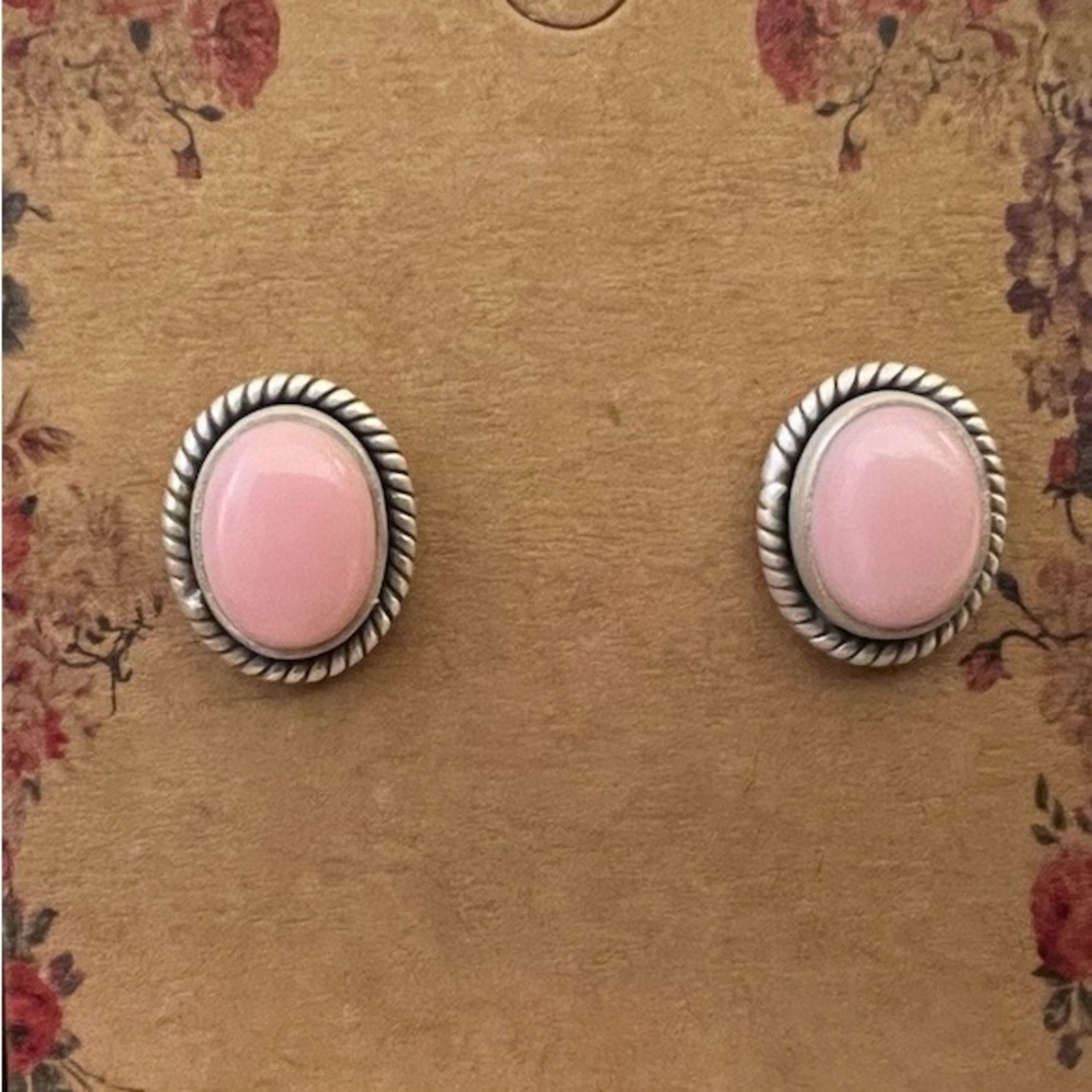 ❤️ Queen Pink Conch Navajo Style Oval Stud Earrings Matte Brushed Sterling 3.8G - Picture 8 of 13